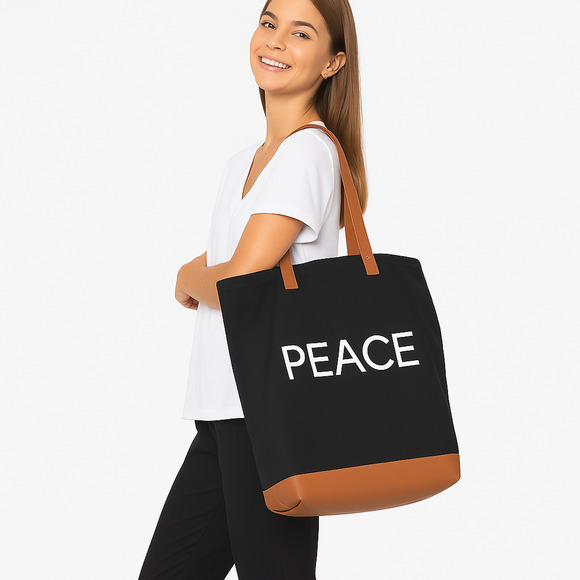 Peace Love World Tote Bag Black Canvas Large Shoulder Bag Top Zip Tan Trim NEW - Picture 1 of 5